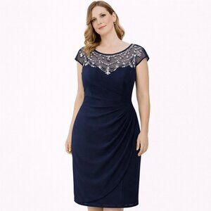 Navy Blue Cocktail Dress with Beaded Illusion Neckline – Elegant Party or Formal